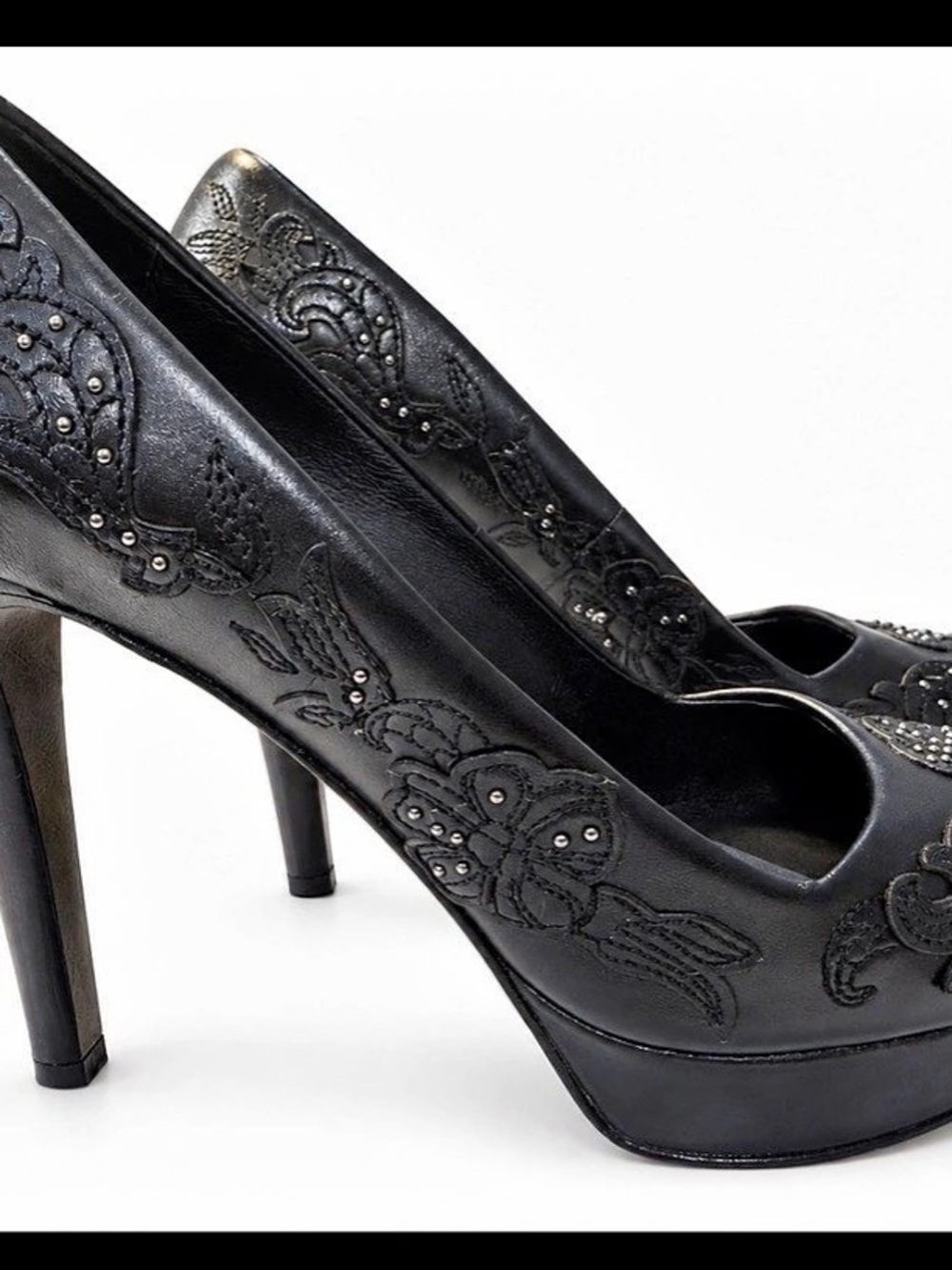 Diesel Black Leather Platform Flower Stud Studded Heels Pumps Floral Studded